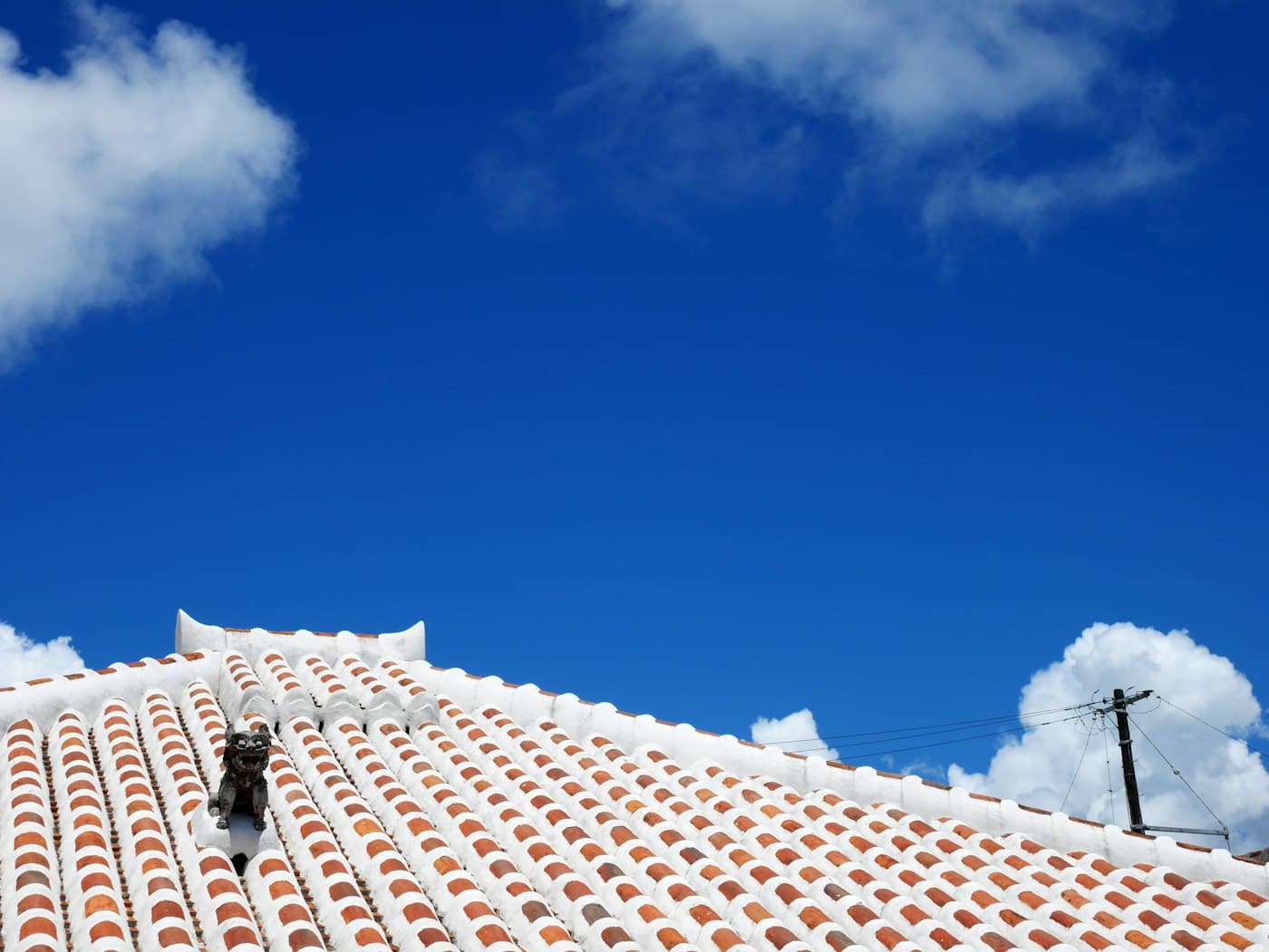 A person walking the ridge of a white tile roof under a blue sky